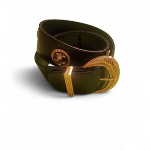 Vintage St. John Collection Black Leather Belt w/ Gold Rope Buckle & Medallion